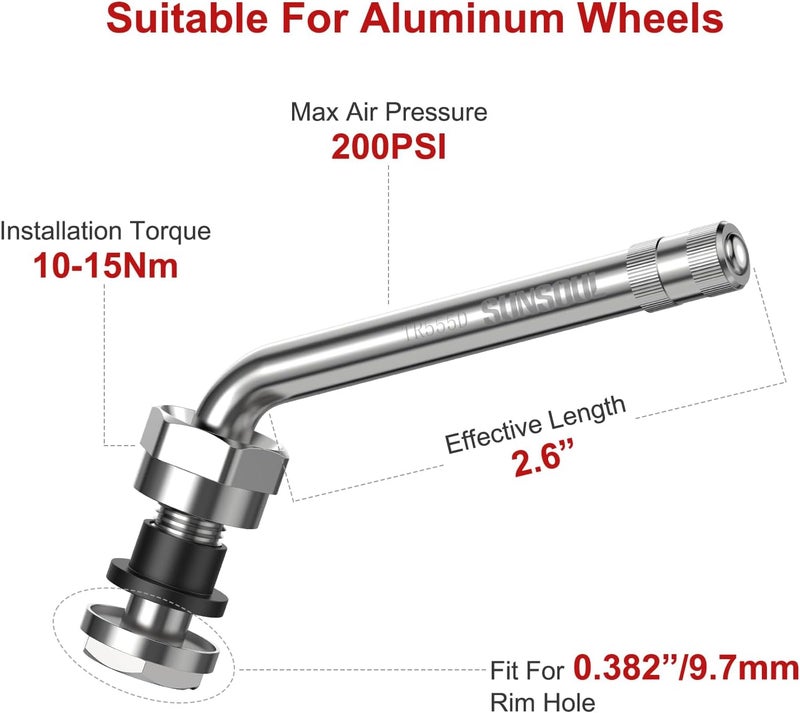SUN SOUL TR555D 10pcs 60 Degree Bend Truck Tire Valve Stems, Compatible with 22.5in 24.5in Aluminum Wheels with 9.7mm Valve Holes - Image 2
